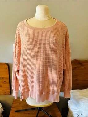 American Eagle Outfitters Waffle-Knit Crew Sweater - Blush Peach Coral M L